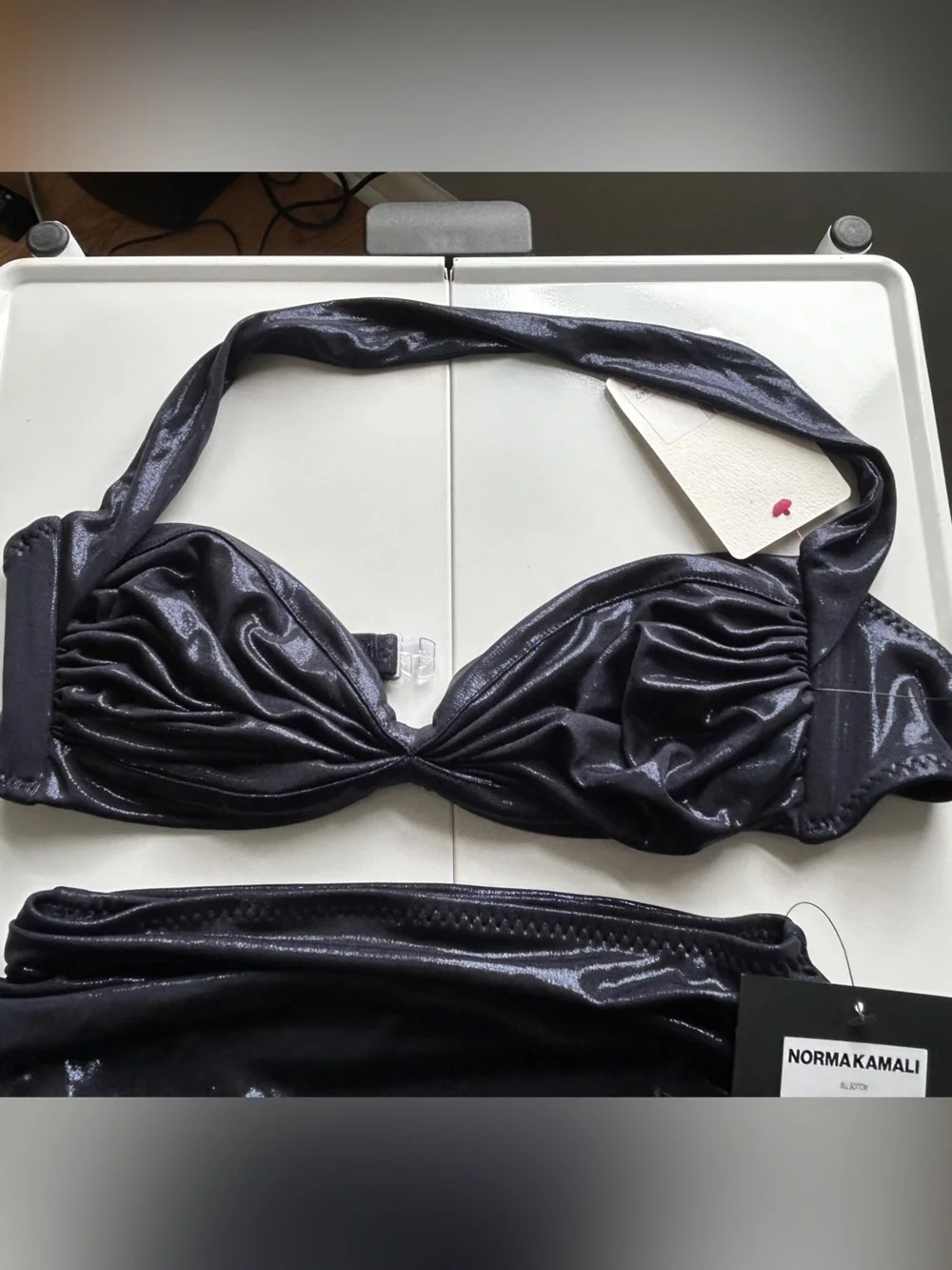 Norma Kamali Bill Bra & Bill Bottom Bikini Set Size S True Navy NWT Metallic - Picture 5 of 12